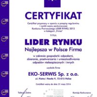 Lider Rynku 2013 Eko-Serwis Sp. z.o.o